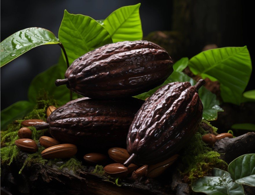 Ripe cacao pods among green leaves