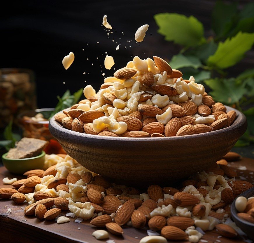 A bowl of raw almonds, cashews and walnuts
